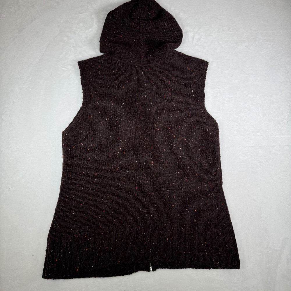 Talbots Woman Brown Speckled Knit Zip Up Wool Blend Hooded Vest 1X Made in Italy - Picture 3 of 8